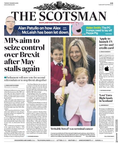 The Scotsman Newspaper Front Page for 26 March 2019