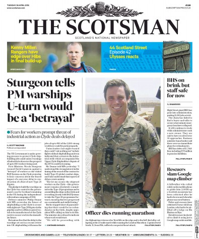 The Scotsman (UK) Newspaper Front Page for 26 April 2016