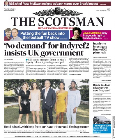 The Scotsman Newspaper Front Page for 26 April 2019