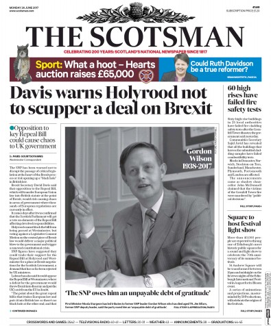 The Scotsman (UK) Newspaper Front Page for 26 June 2017