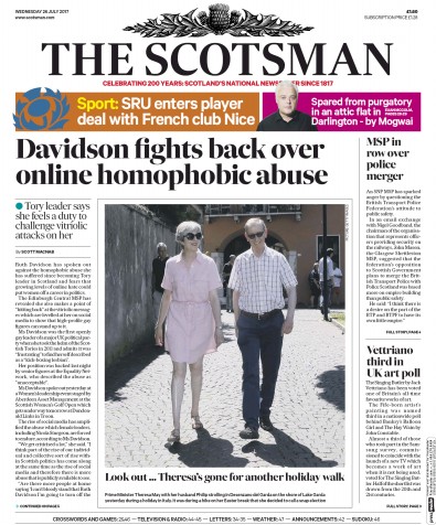 The Scotsman Newspaper Front Page for 26 July 2017
