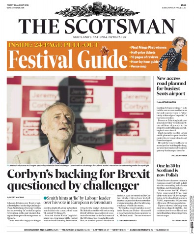 The Scotsman Newspaper Front Page for 26 August 2016