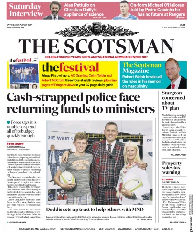 The Scotsman Newspaper Front Page for 26 August 2017