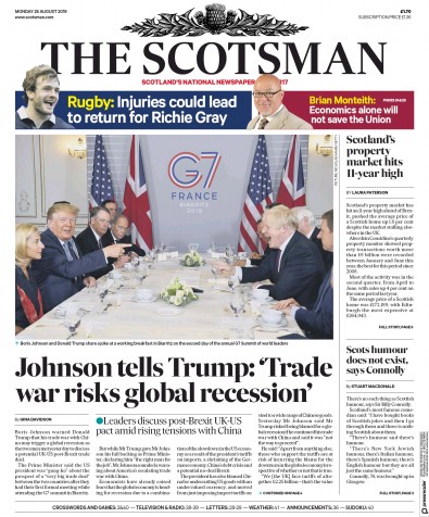 The Scotsman Newspaper Front Page for 26 August 2019