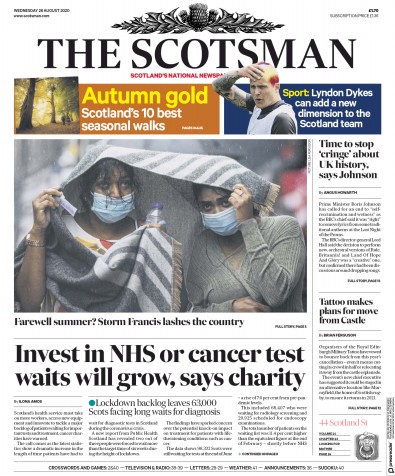The Scotsman (UK) Newspaper Front Page for 26 August 2020