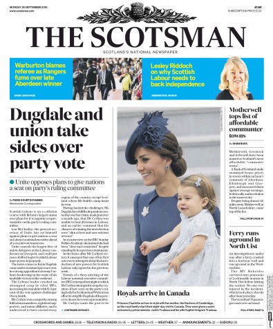 The Scotsman Newspaper Front Page for 26 September 2016
