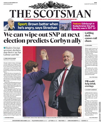 The Scotsman Newspaper Front Page for 26 September 2017
