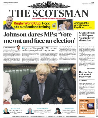 The Scotsman Newspaper Front Page for 26 September 2019