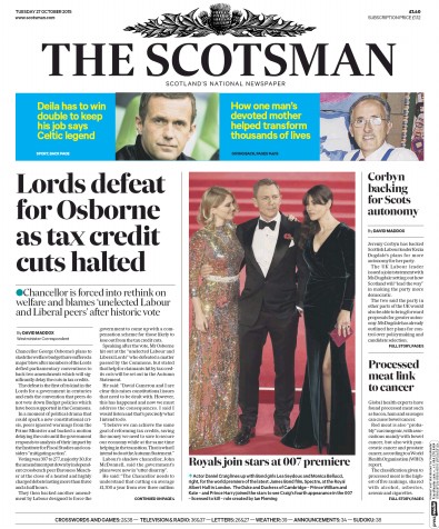 The Scotsman Newspaper Front Page for 27 October 2015