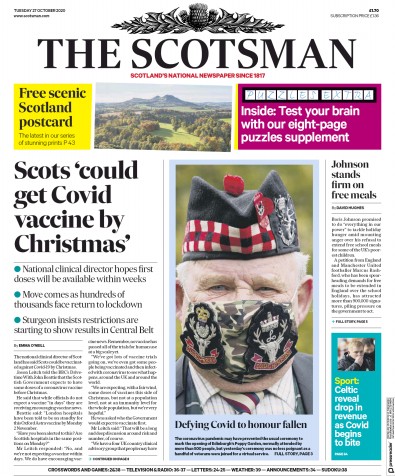 The Scotsman Newspaper Front Page for 27 October 2020