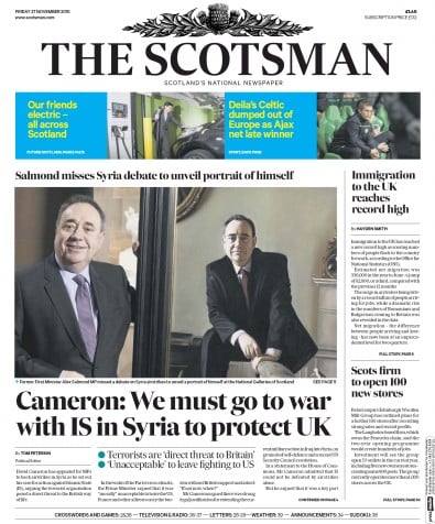 The Scotsman Newspaper Front Page for 27 November 2015