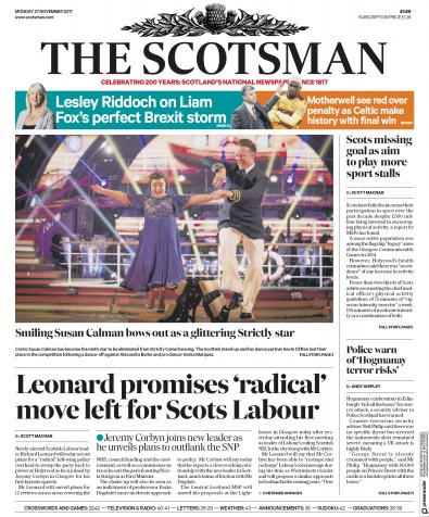 The Scotsman Newspaper Front Page for 27 November 2017
