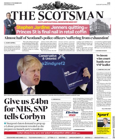 The Scotsman Newspaper Front Page for 27 November 2019