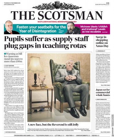 The Scotsman Newspaper Front Page for 27 December 2018