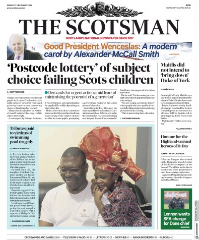 The Scotsman Newspaper Front Page for 27 December 2019
