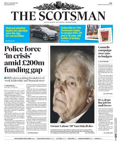 The Scotsman Newspaper Front Page for 27 January 2017