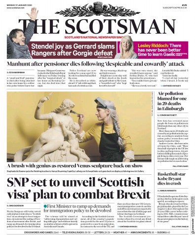 The Scotsman Newspaper Front Page for 27 January 2020