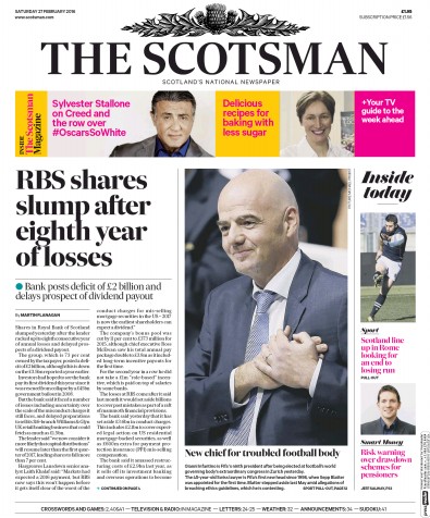 The Scotsman Newspaper Front Page for 27 February 2016
