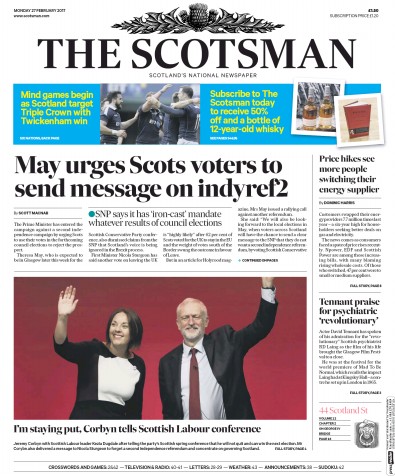 The Scotsman Newspaper Front Page for 27 February 2017