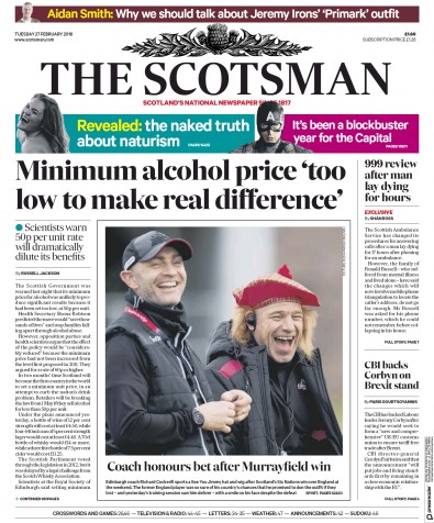 The Scotsman Newspaper Front Page for 27 February 2018