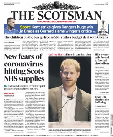 The Scotsman Newspaper Front Page for 27 February 2020