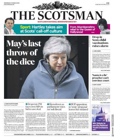 The Scotsman Newspaper Front Page for 27 March 2019