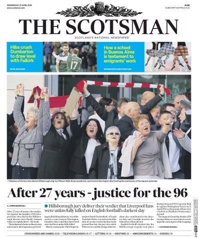 The Scotsman Newspaper Front Page for 27 April 2016