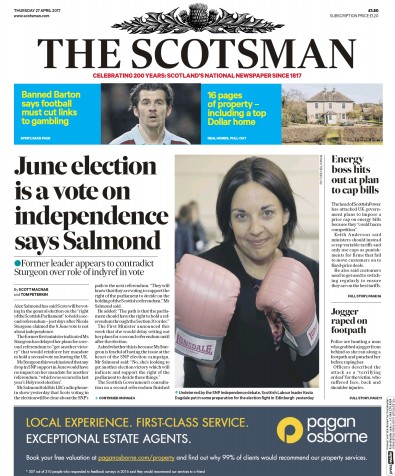 The Scotsman Newspaper Front Page for 27 April 2017
