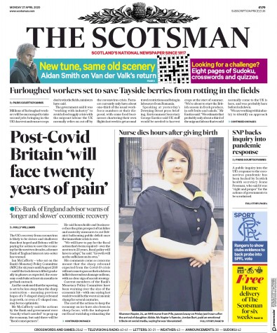 The Scotsman Newspaper Front Page for 27 April 2020