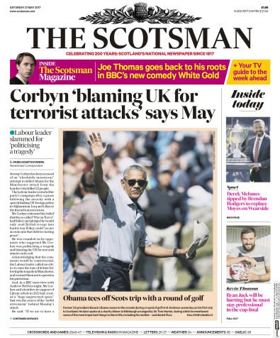 The Scotsman Newspaper Front Page for 27 May 2017