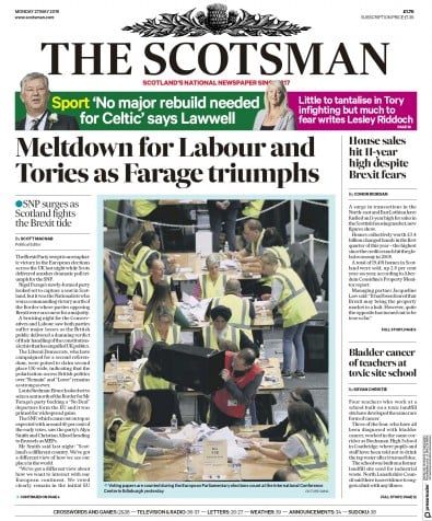 The Scotsman Newspaper Front Page for 27 May 2019