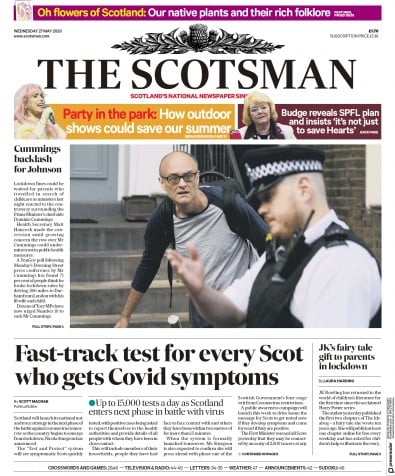 The Scotsman Newspaper Front Page for 27 May 2020