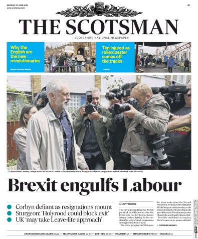 The Scotsman Newspaper Front Page for 27 June 2016