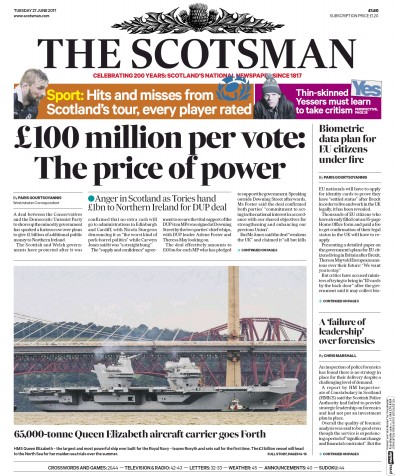The Scotsman Newspaper Front Page for 27 June 2017