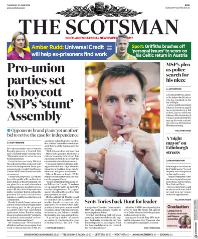 The Scotsman Newspaper Front Page for 27 June 2019