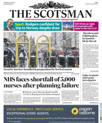 The Scotsman Newspaper Front Page for 27 July 2017