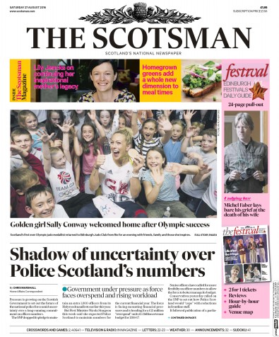 The Scotsman Newspaper Front Page for 27 August 2016