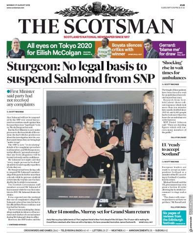 The Scotsman Newspaper Front Page for 27 August 2018