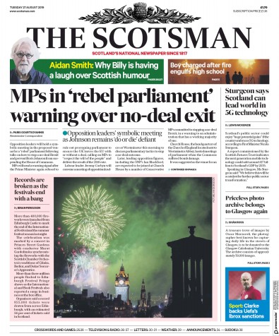 The Scotsman Newspaper Front Page for 27 August 2019