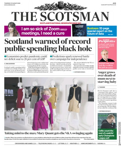 The Scotsman Newspaper Front Page for 27 August 2020