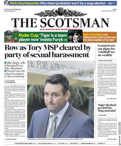The Scotsman Newspaper Front Page for 27 September 2018