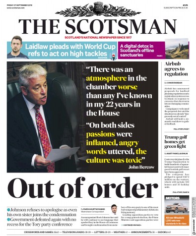 The Scotsman Newspaper Front Page for 27 September 2019