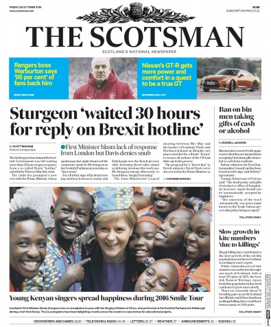 The Scotsman Newspaper Front Page for 28 October 2016