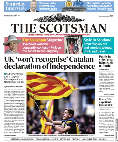The Scotsman Newspaper Front Page for 28 October 2017