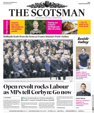 The Scotsman Newspaper Front Page for 28 November 2015