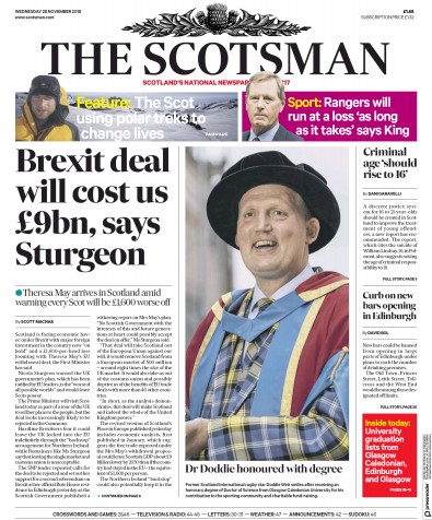 The Scotsman Newspaper Front Page for 28 November 2018