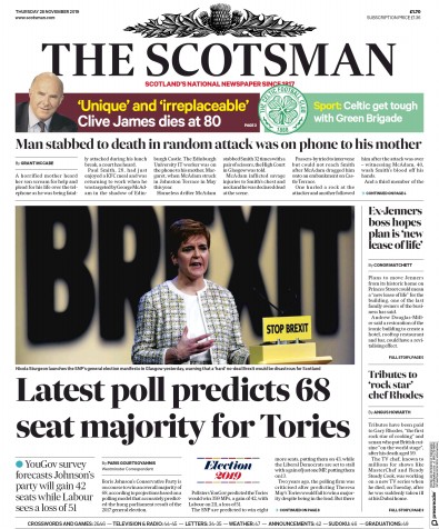 The Scotsman (UK) Newspaper Front Page for 28 November 2019