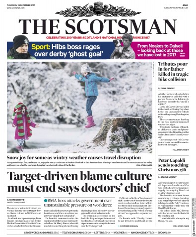 The Scotsman Newspaper Front Page for 28 December 2017