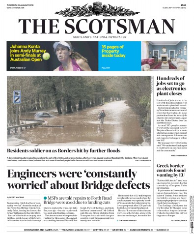 The Scotsman Newspaper Front Page for 28 January 2016