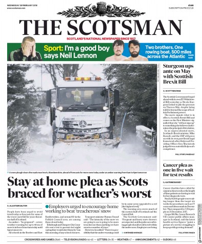 The Scotsman Newspaper Front Page for 28 February 2018